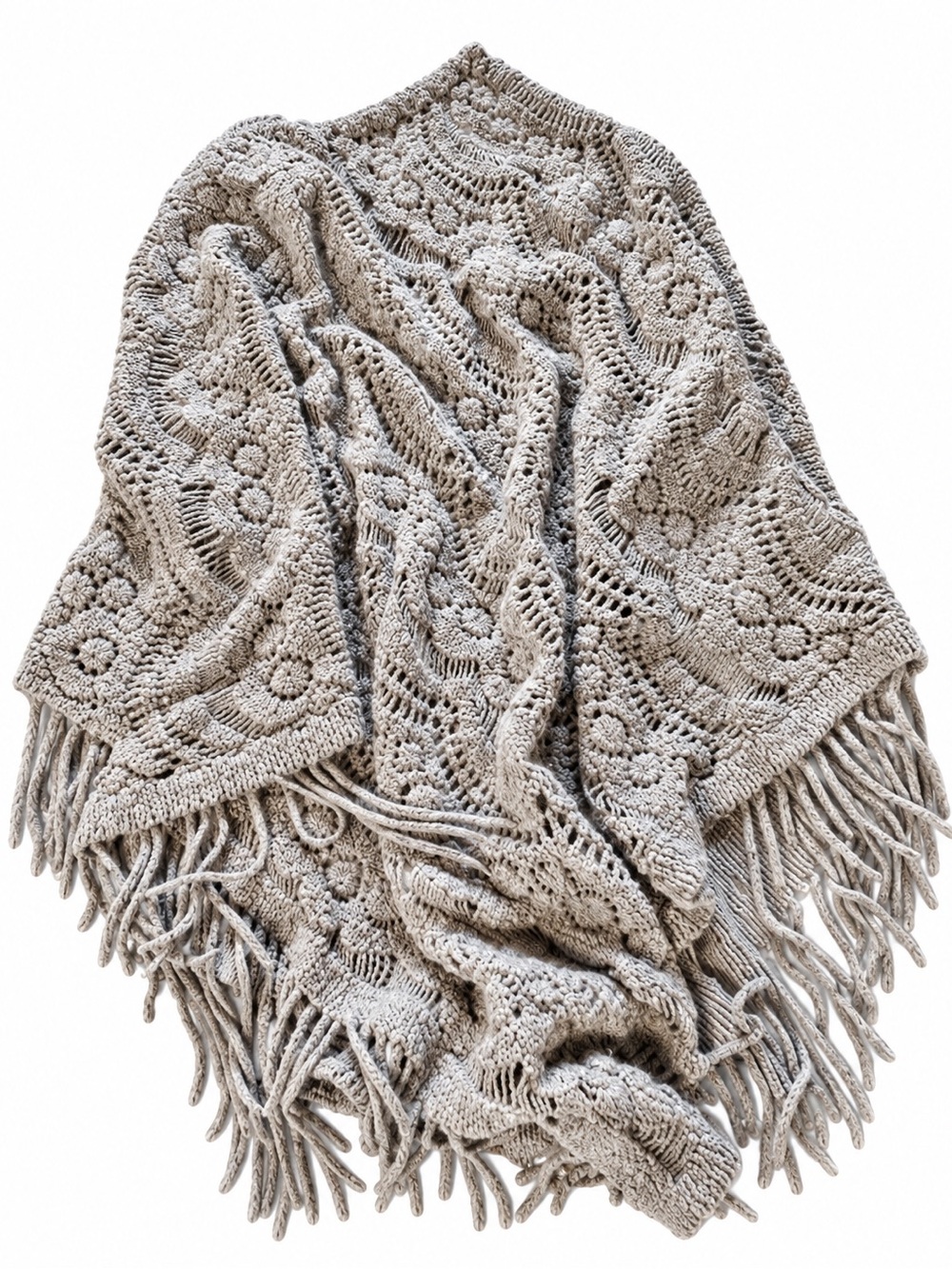 Neutral Beige Crochet Fringe Throw Blanket - Home Accents